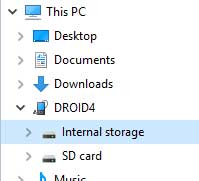 View of my Droid 4 inside of Windows 10 File Explorer