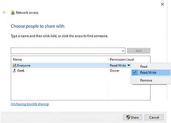 View of network access dialog box for shared folder with everyone selected