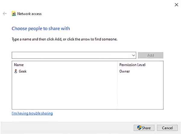 View of network access dialog box for shared folder