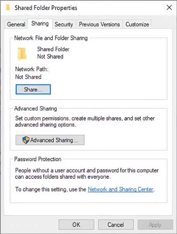 View of sharing tab for shared folder properties