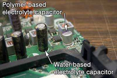 Visual differences between water based and polymer based electrolyte capacitors