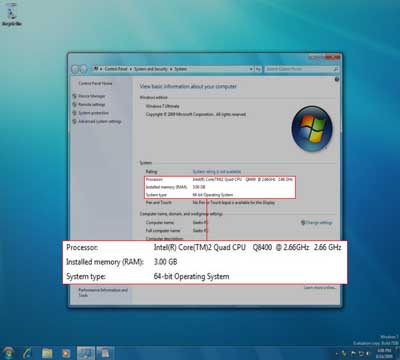 Windows 7 test system System Properties dialog box