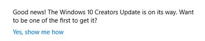Windows 10 Creators Update notification inside of Windows Update