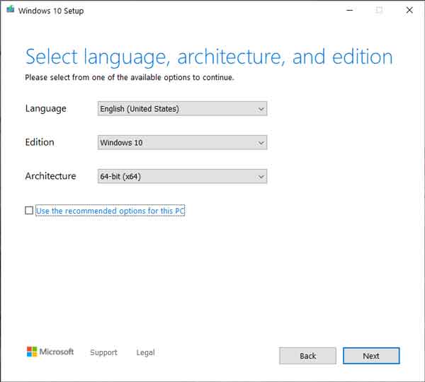 Windows 10 Media Creation Tool options