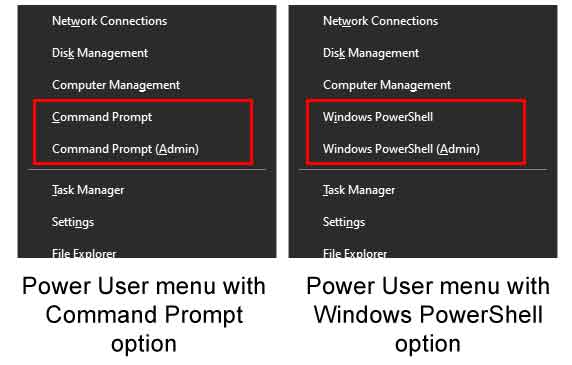 Windows 10 Power User menu with either Command Prompt or PowerShell option