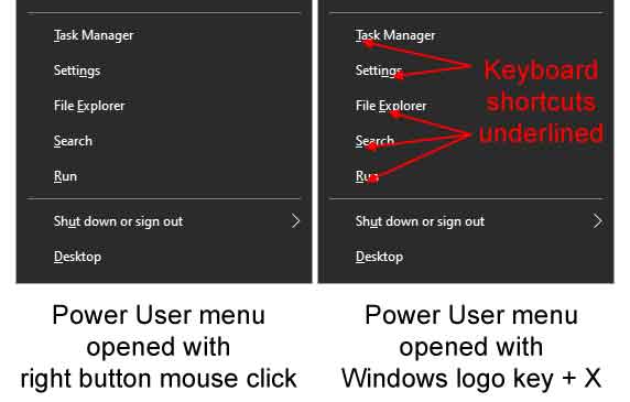 The two different versions of the Power User menu in Windows 10