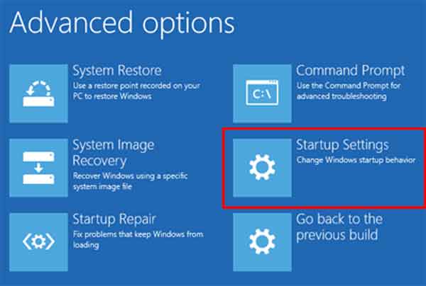 Windows 10 advanced options screen