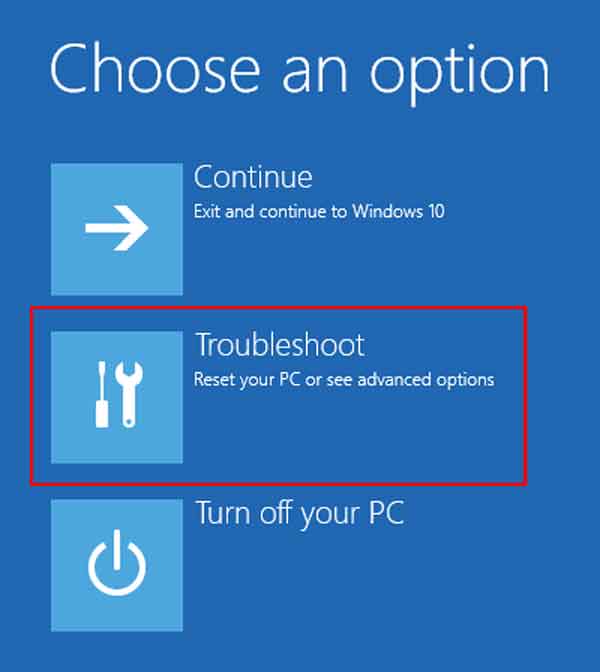 Windows 10 choose an option screen