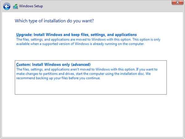 Windows 10 installation type screen