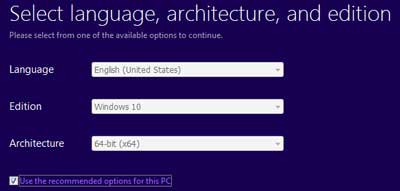 Windows 10 installer select language and edition screen