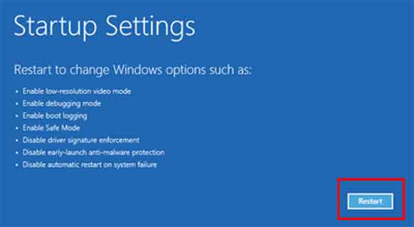 Windows 10 startup settings screen