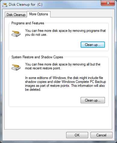 Windows 7 Disk Cleanup dialog box with more options