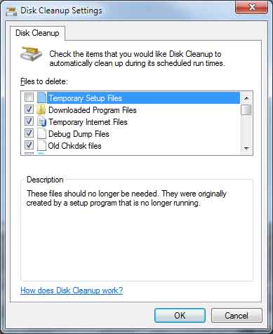 Windows 7 Disk Cleanup dialog box with sageset options