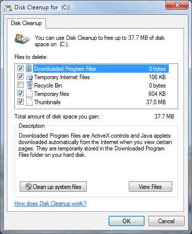 Windows 7 Disk Cleanup dialog box with standard options