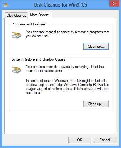 Windows 8 Disk Cleanup dialog box with more options