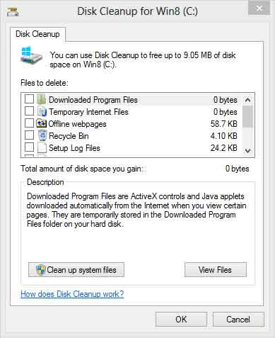 Windows 8 Disk Cleanup dialog box with standard options