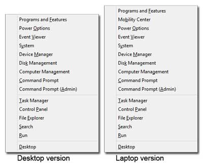 The desktop and laptop versions of the Windows 8 Power User command menu