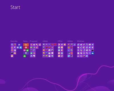 Windows 8 Start screen zoomed out with tiles and groups organized