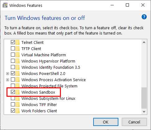 Windows Features dialog box with Windows Sandbox selected