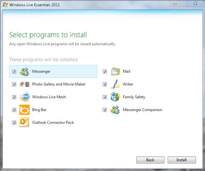 Windows Live Essentials installation options