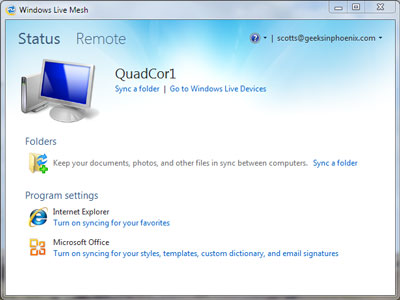 Main screen in Windows Live Mesh