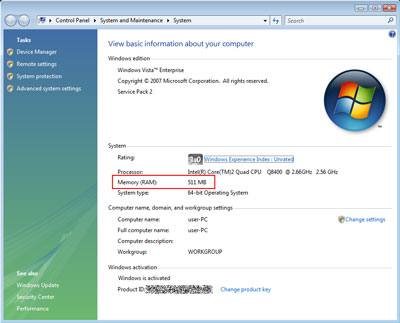 Windows Vista Sytem RAM Size