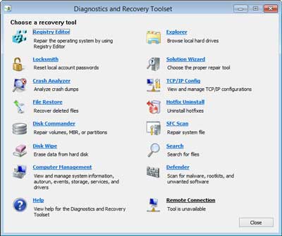 The main screen for the Diagnostic and Recovery Toolset