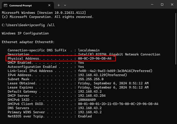 MAC address using a Command Prompt