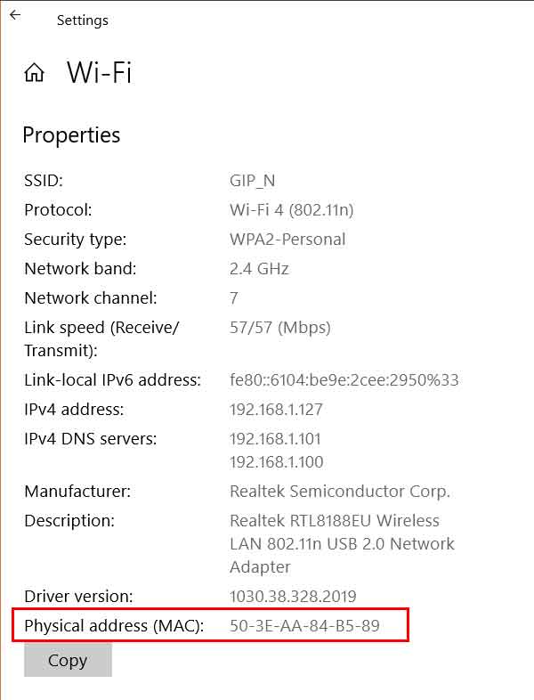 MAC address using the Settings app in Windows 10