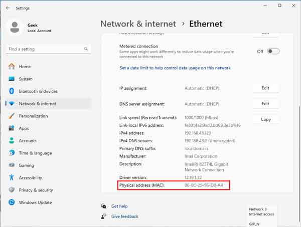 MAC address using the Settings app in Windows 11