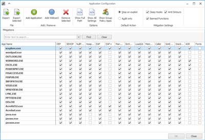 View of the application configuration screen inside EMET 5.5