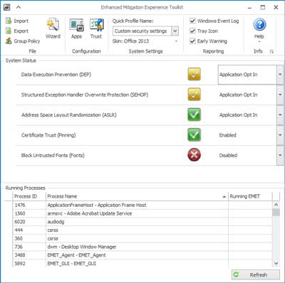 View of the main screen inside EMET 5.5