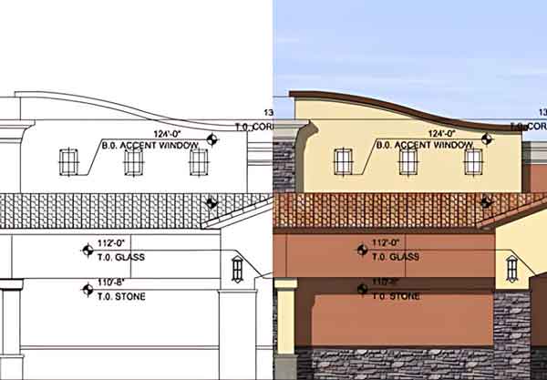 Exterior color and materials were added to this 2D CAD elevation A sample of our 2-d Colored Elevations using specific colors and materials from different manufacturers